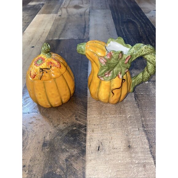 Autumn Fall Orange Pumpkin Gourd Leaves Sugar Bowl and Creamer Set thanksgiving - Picture 1 of 11